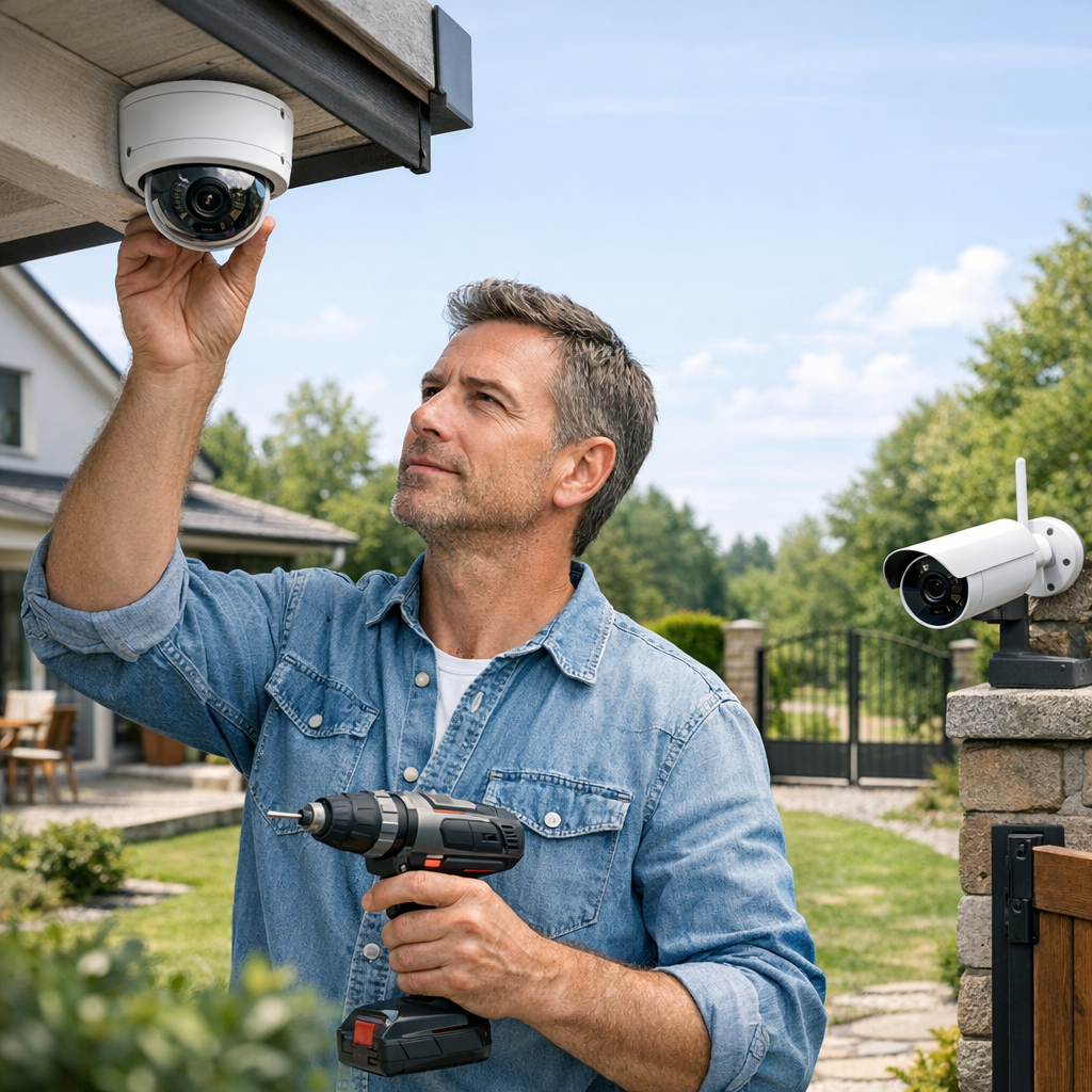 A man in a denim shirt installs a security camera under the eaves of a house using a power drill.