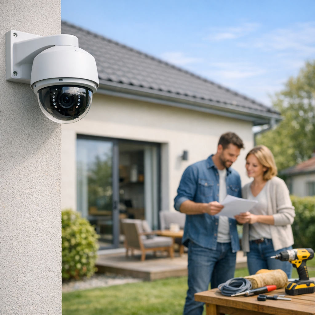 A security camera mounted on a wall overlooks a couple discussing plans outdoors near a table with tools and materials.