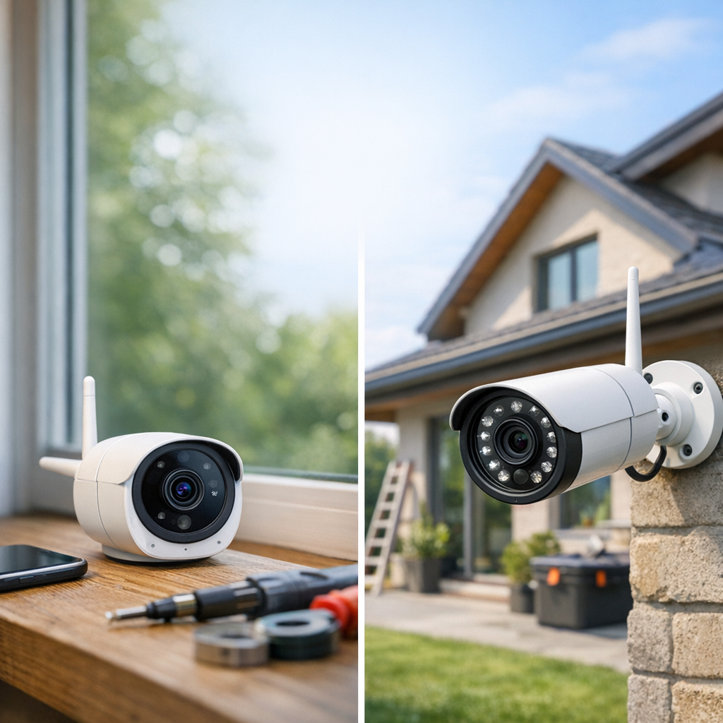 A modern security camera is shown both indoors on a windowsill and mounted on the exterior of a house.