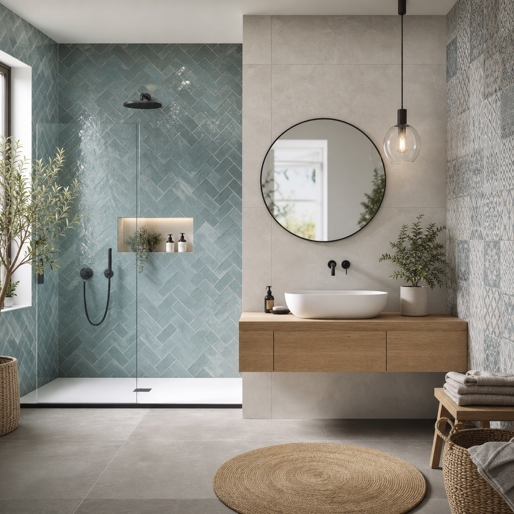 A modern bathroom featuring a walk-in shower with teal herringbone tiles, a circular mirror above a wooden vanity, and decorative plants.