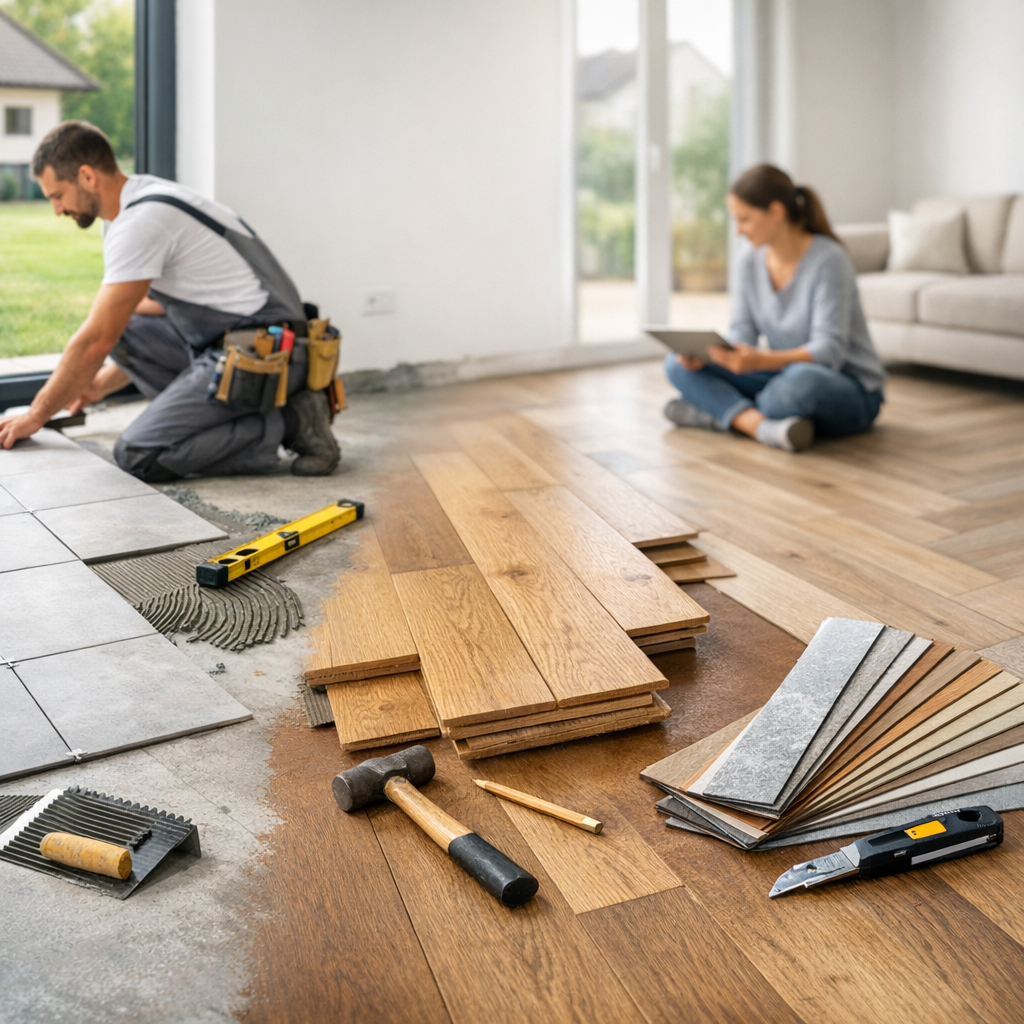 A man installs tiles on a floor while a woman sits nearby, using a tablet, with wooden planks and tools visible.