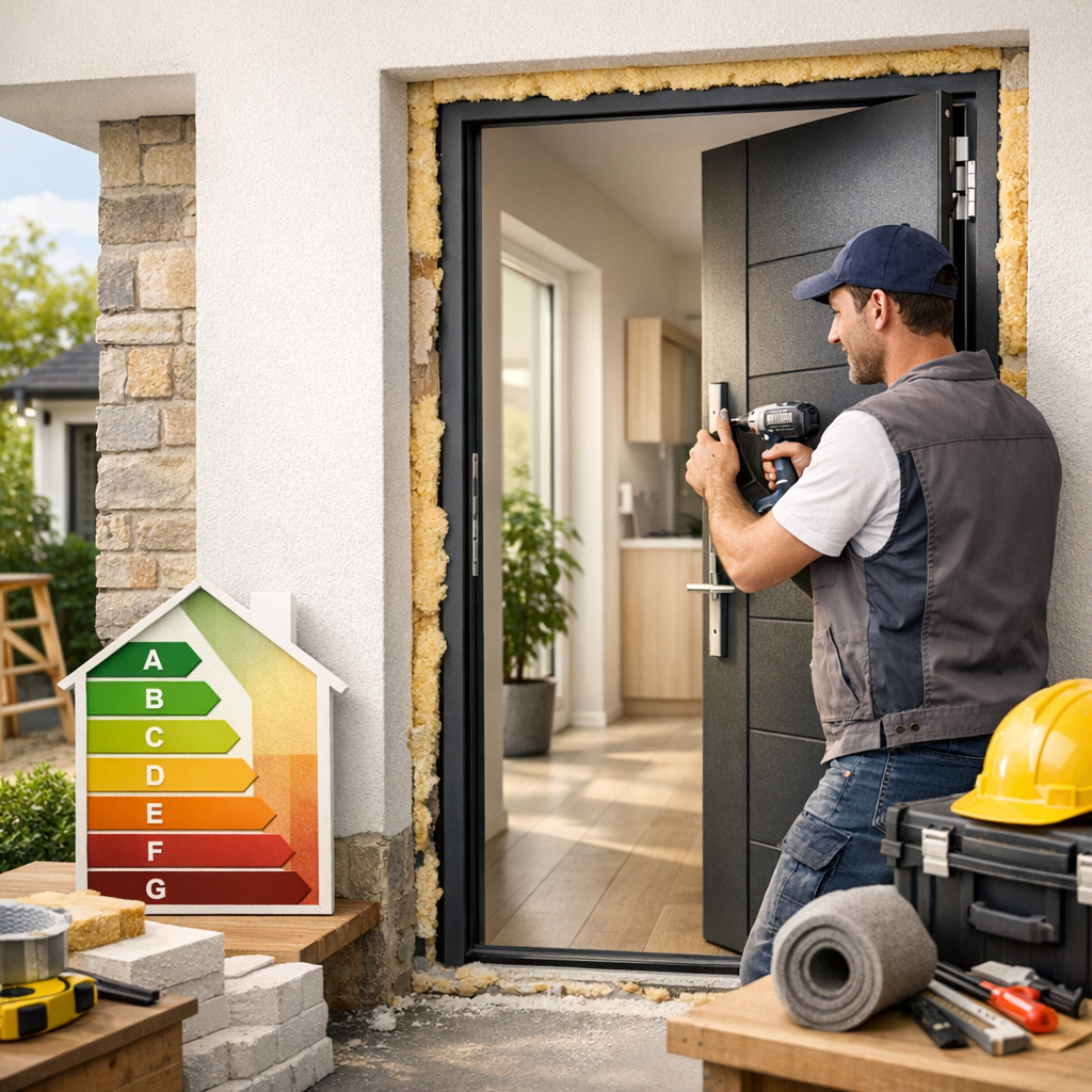 A contractor installs a new door frame in a home with energy efficiency ratings displayed beside him.