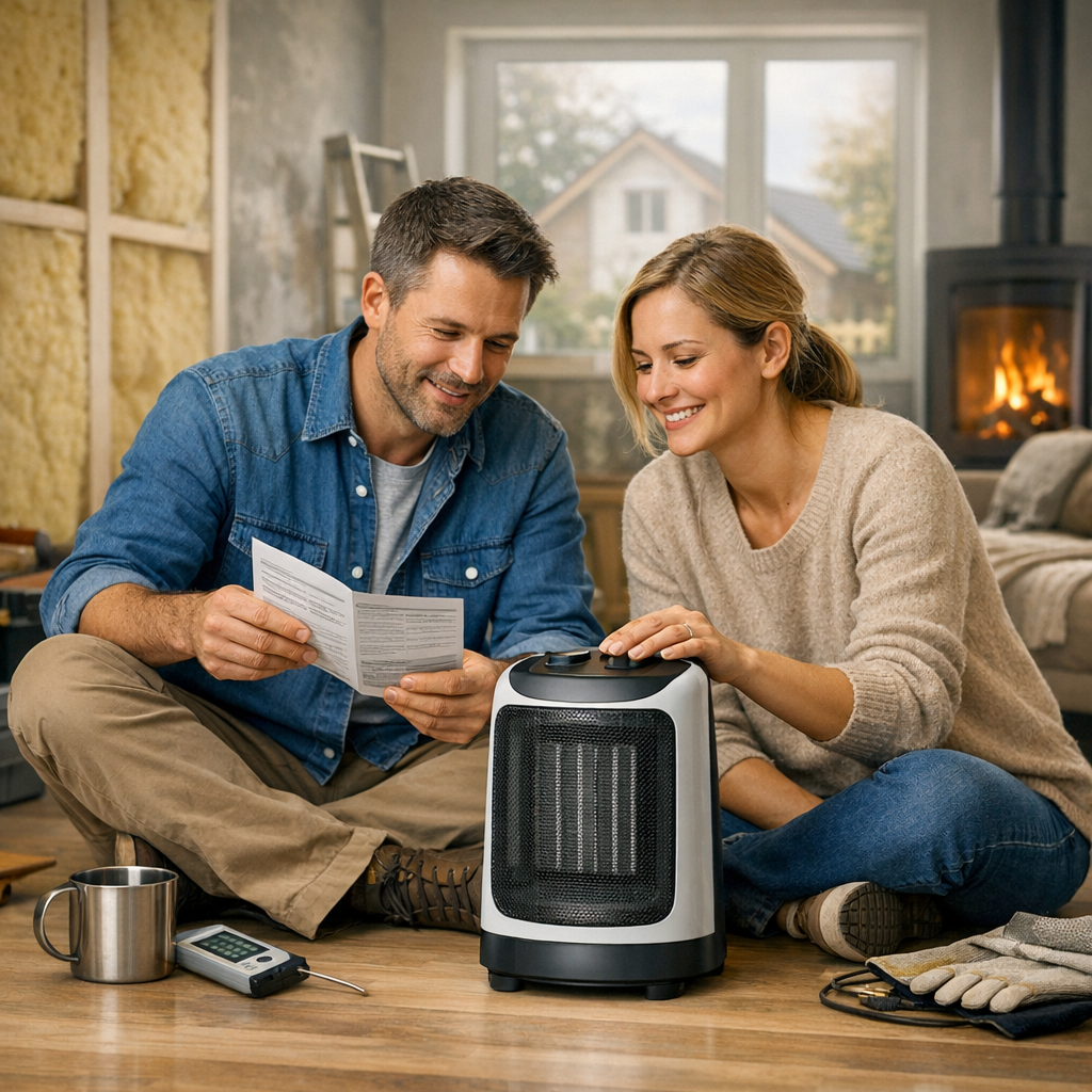 A man and woman sit on the floor, smiling and reviewing instructions for a space heater in a cozy living room setting.