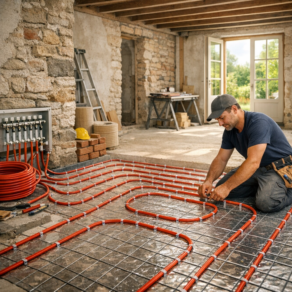 A man kneels on a concrete floor, installing red piping in a grid pattern for a heating system in a renovated room with stone walls.