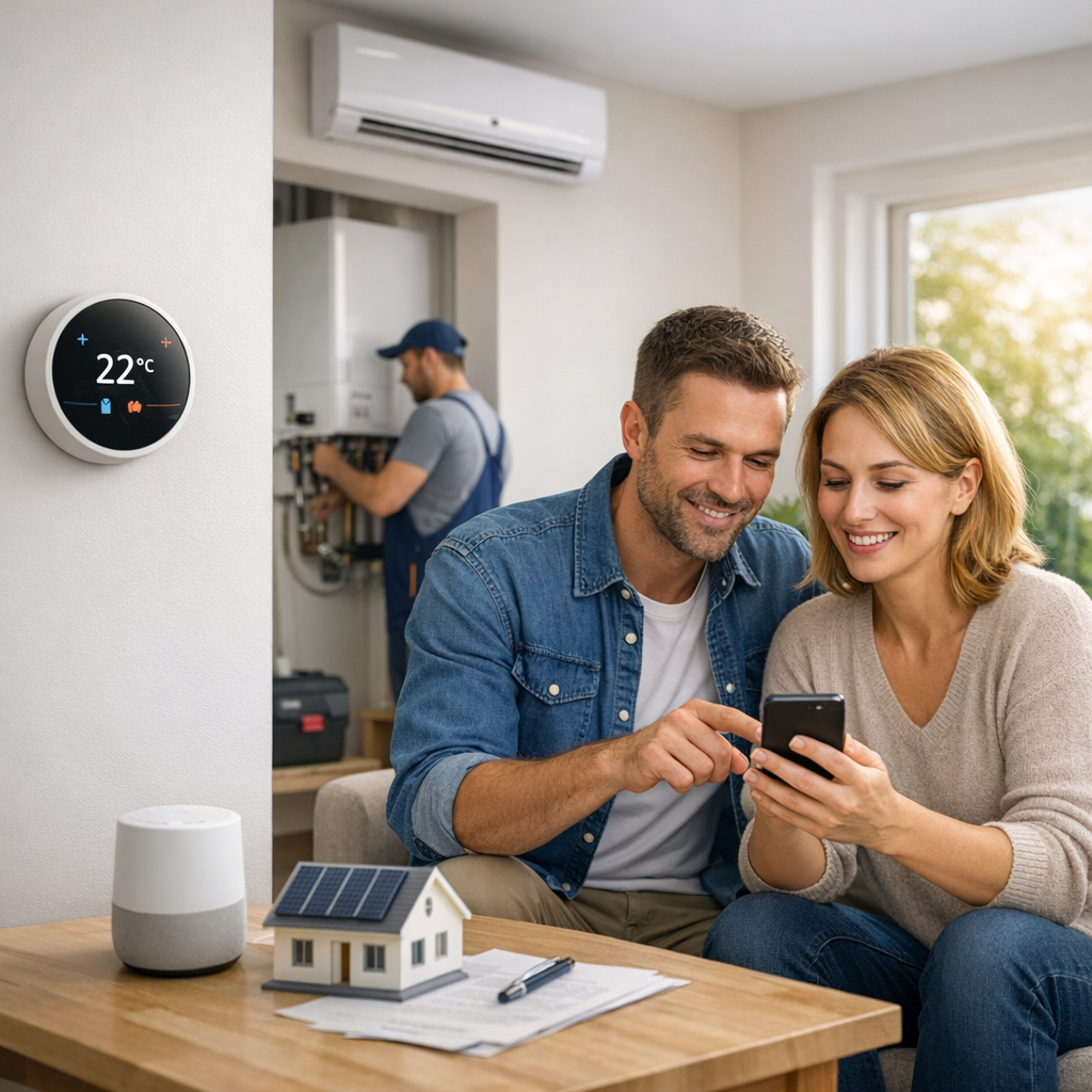 A couple smiles while looking at a smartphone, with a thermostat displaying 22°C and a technician working on a heating unit in the background.