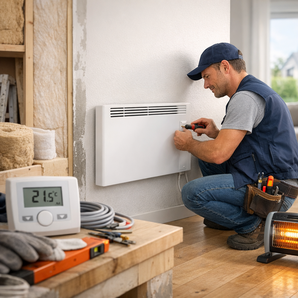 A technician is installing a wall-mounted heater in a room with construction materials and tools nearby.
