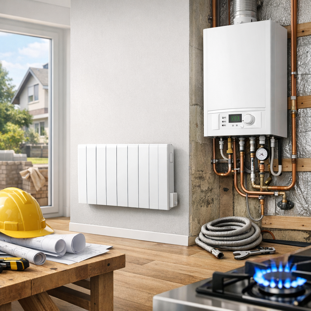 A modern heating system is installed in a home, featuring a wall-mounted boiler and a white radiator, with tools and construction plans on a wooden table nearby.