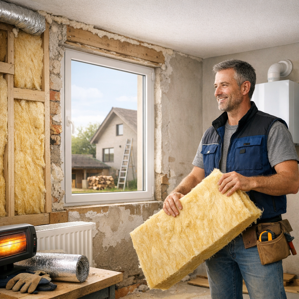 A construction worker smiles while holding insulation material in a partially renovated room with a window showing a house outside.