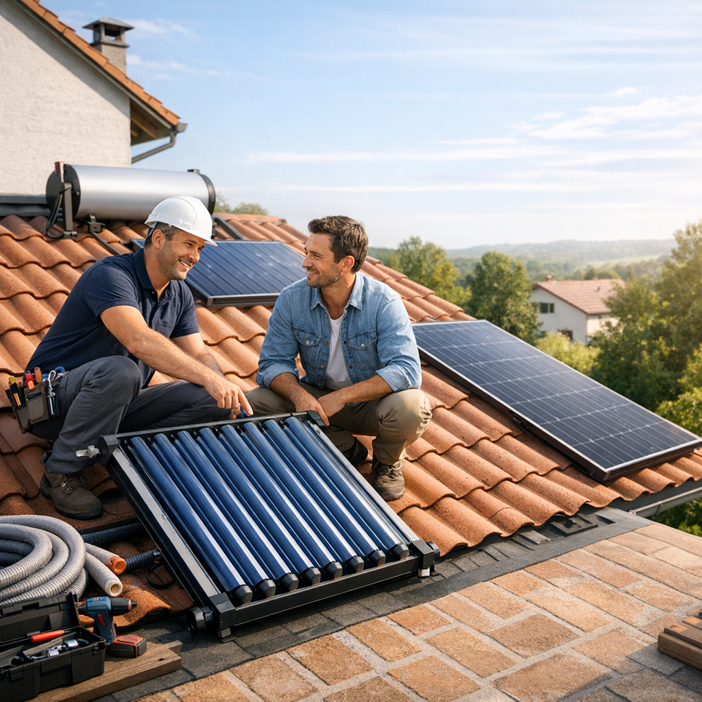 Two men are installing solar thermal tubes on a roof with solar panels and a hot water tank in the background.
