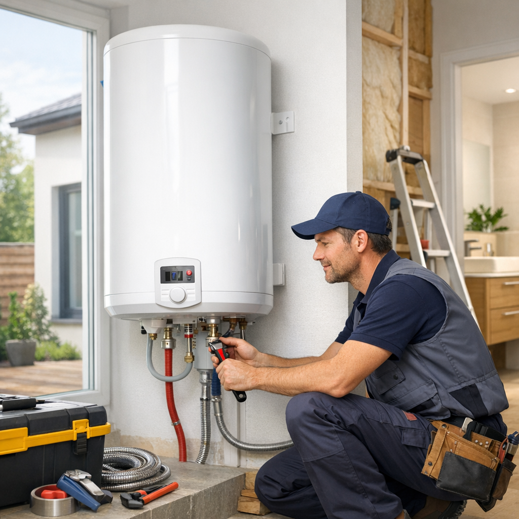 A technician kneels beside a white water heater, using tools to perform maintenance in a home setting.