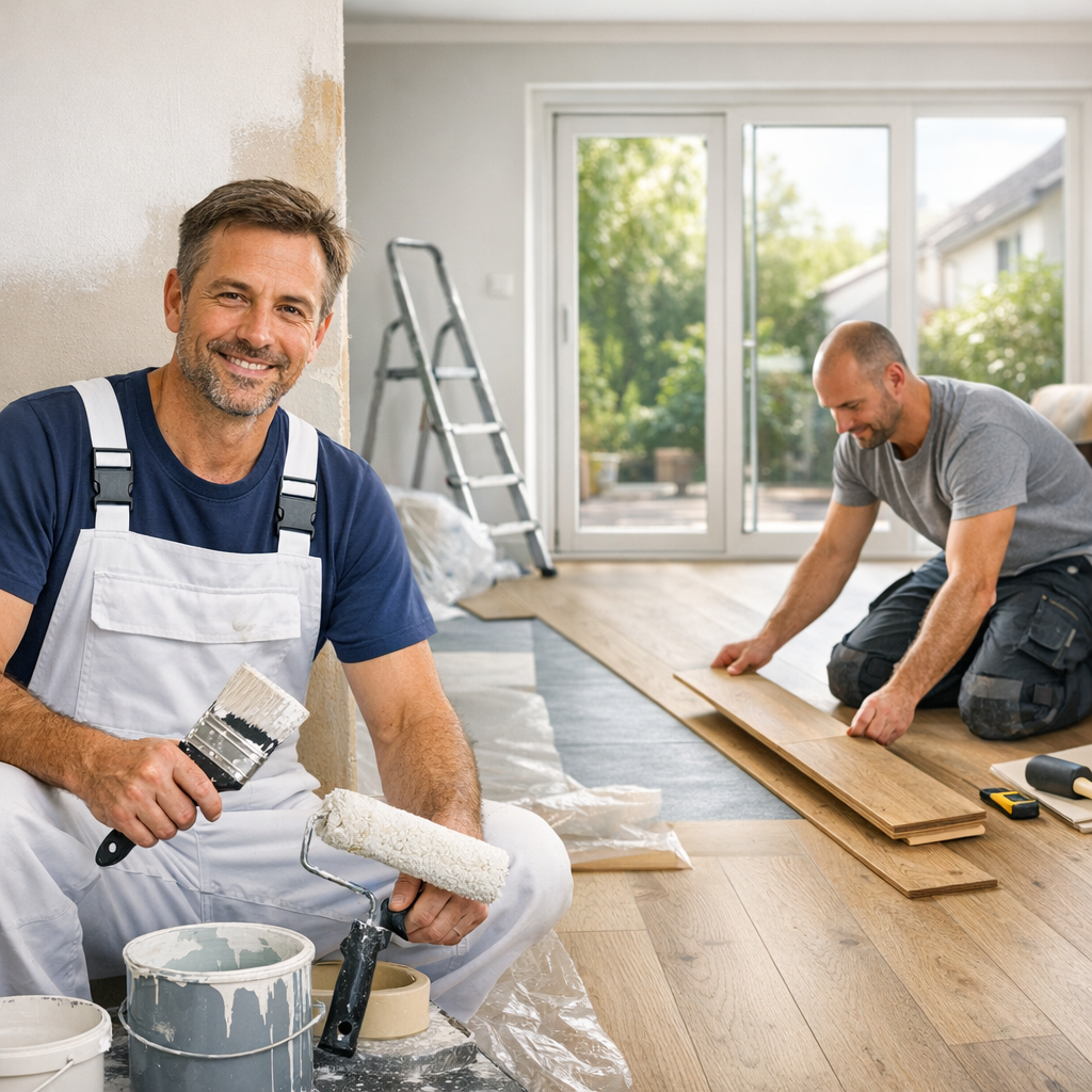 A smiling man in overalls holds a paint roller and brush, while another man kneels on the floor, working on laying wooden planks in a well-lit room.