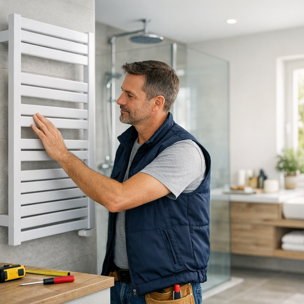 A man in a navy vest inspects a white towel warmer in a modern bathroom.
