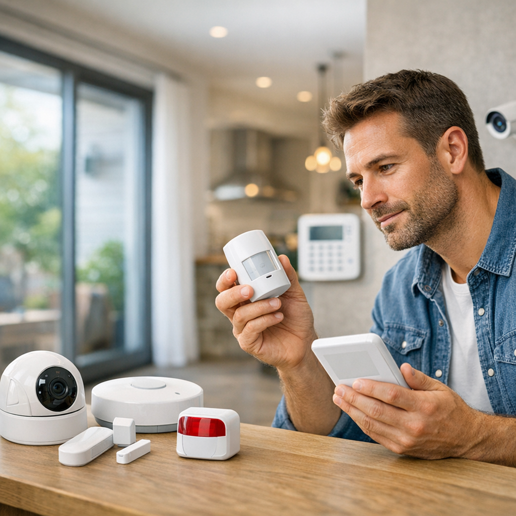 A man examines a motion sensor while holding a control panel, surrounded by various smart home security devices on a table.