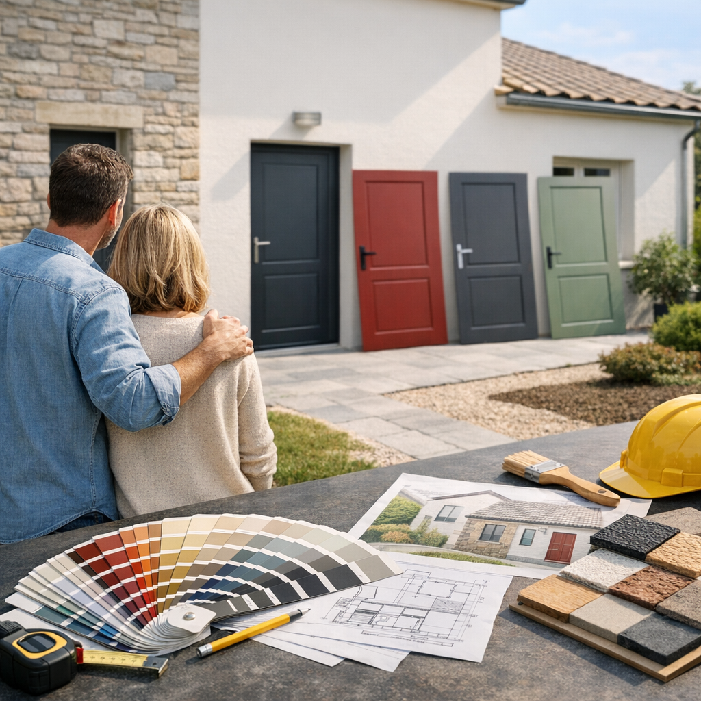 A couple stands together in front of a home with four colorful doors, while construction materials and paint samples are spread out on a table nearby.