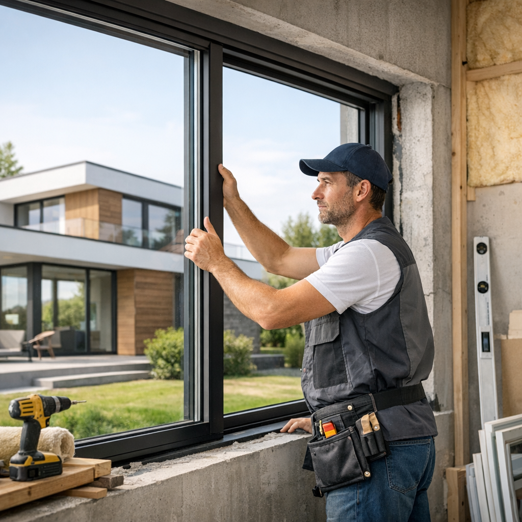 A construction worker installs a window in a partially finished building, with a modern house visible in the background.