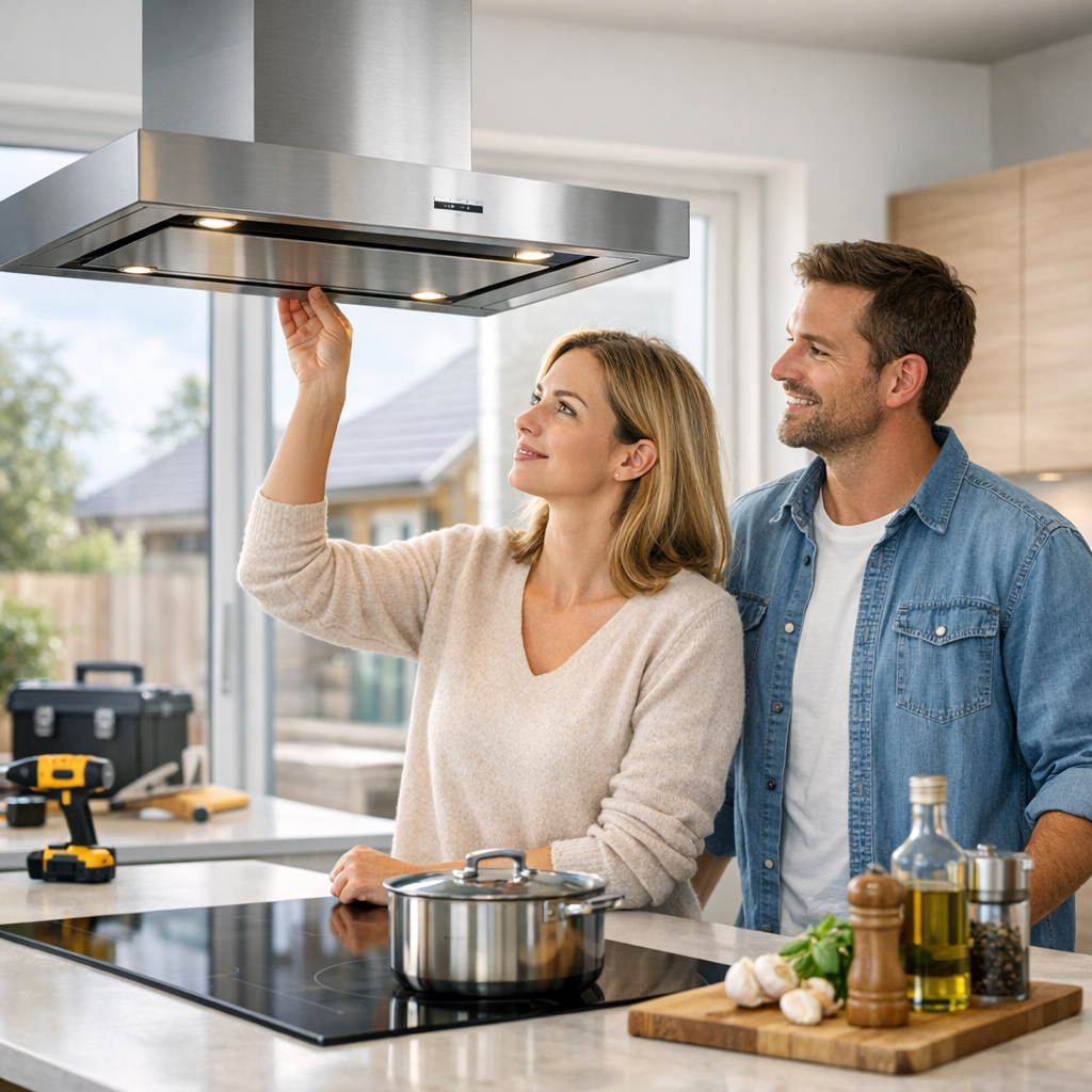 A woman adjusts the hood over a stove while a man stands beside her, both smiling in a modern kitchen.