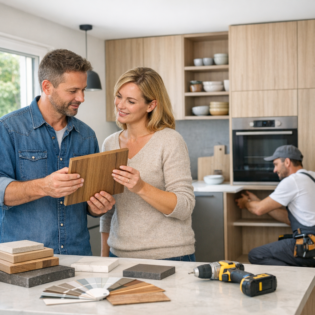A man and woman examine a wood sample together at a kitchen table, while a contractor works in the background.
