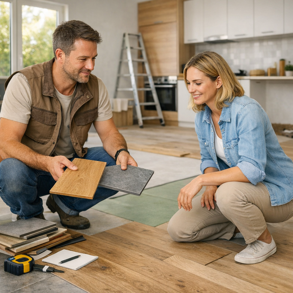 A man and a woman discuss flooring options while sitting on a partially installed wooden floor inside a home.