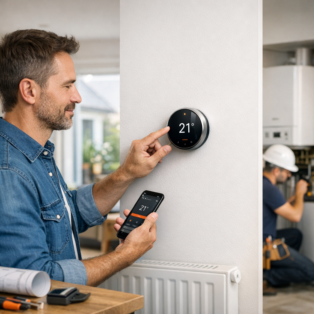 A man adjusts a smart thermostat displaying 21° while holding a smartphone with a matching temperature setting, with a technician working in the background.