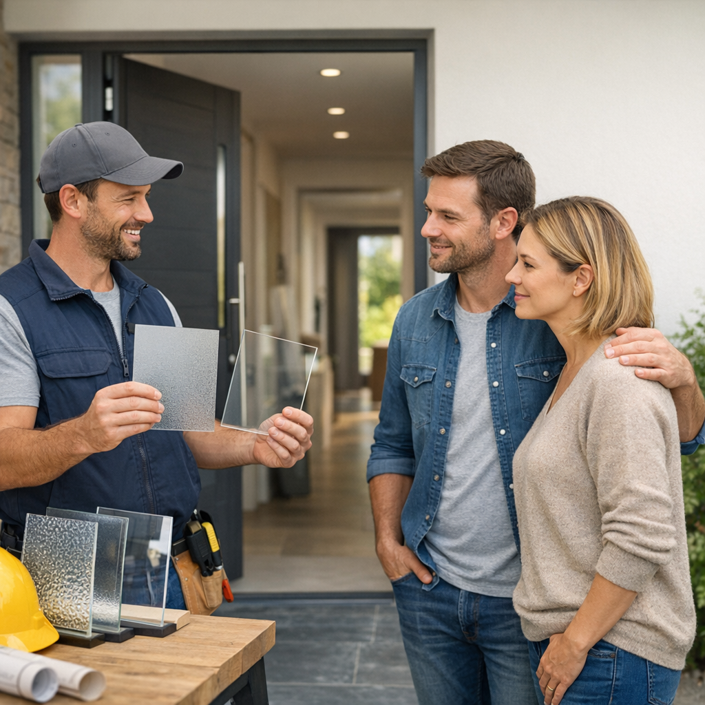 A construction worker explains different glass samples to a couple at their home.