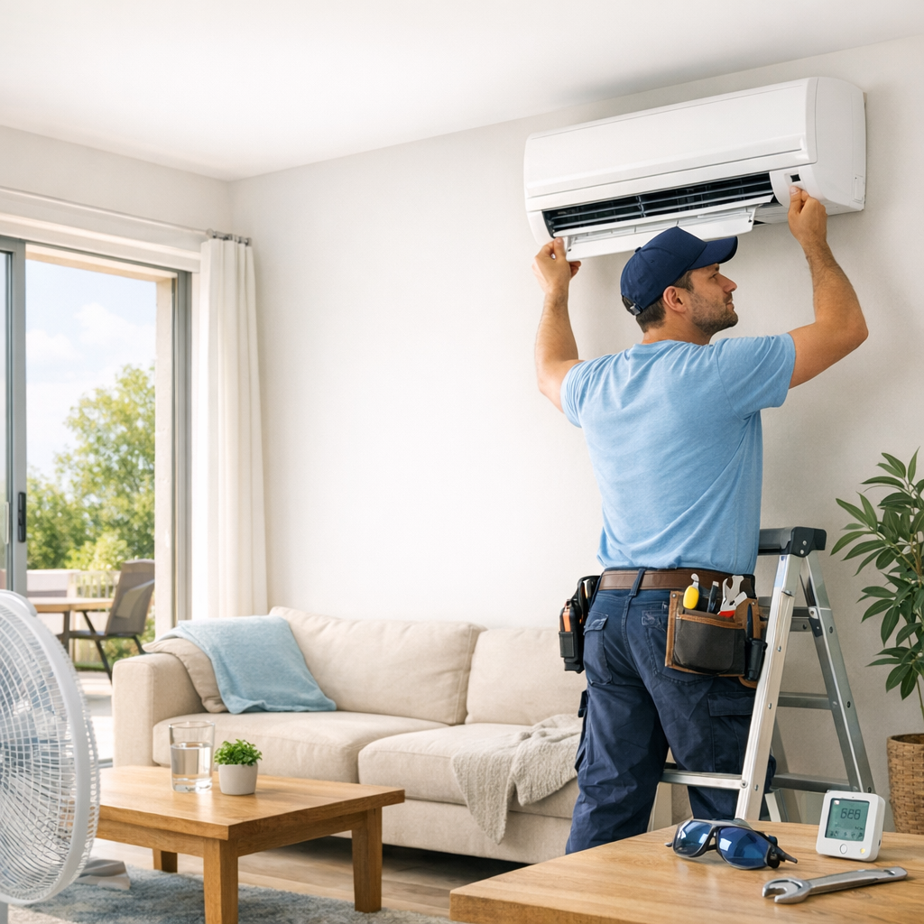A maintenance worker stands on a ladder, installing an air conditioning unit on a wall in a bright, modern living room.