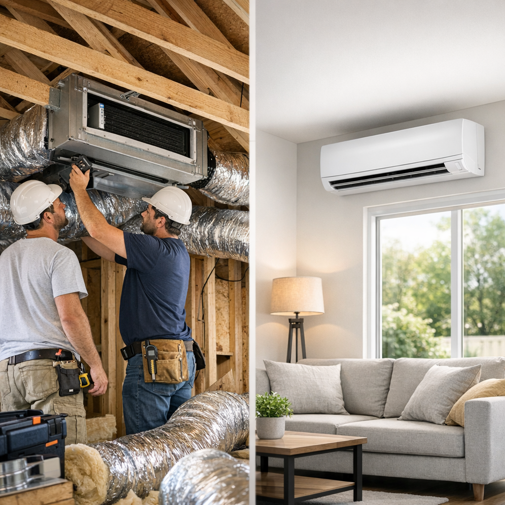 A technician installs ductwork in an attic on the left, while the right shows a modern living room with a wall-mounted air conditioning unit.