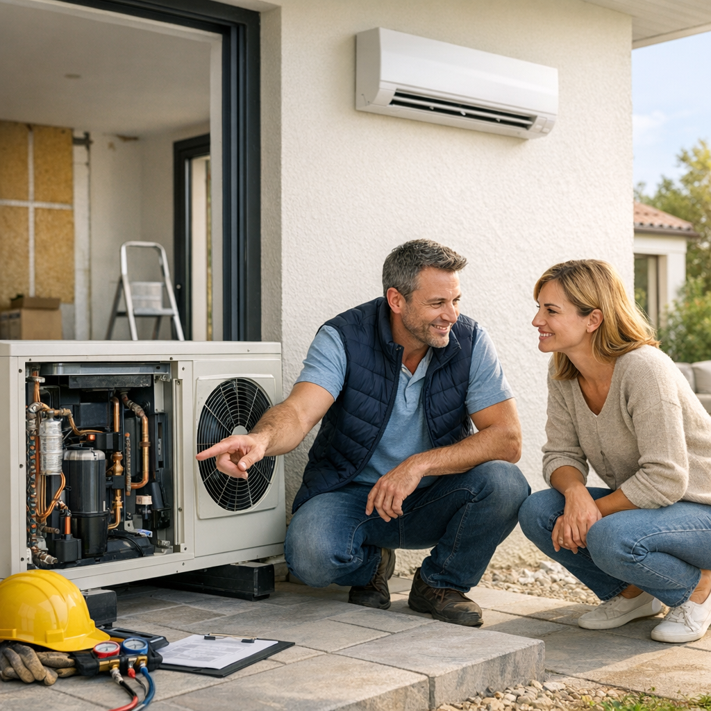 A technician in a vest kneels next to an air conditioning unit, explaining it to a woman sitting on the ground beside him.