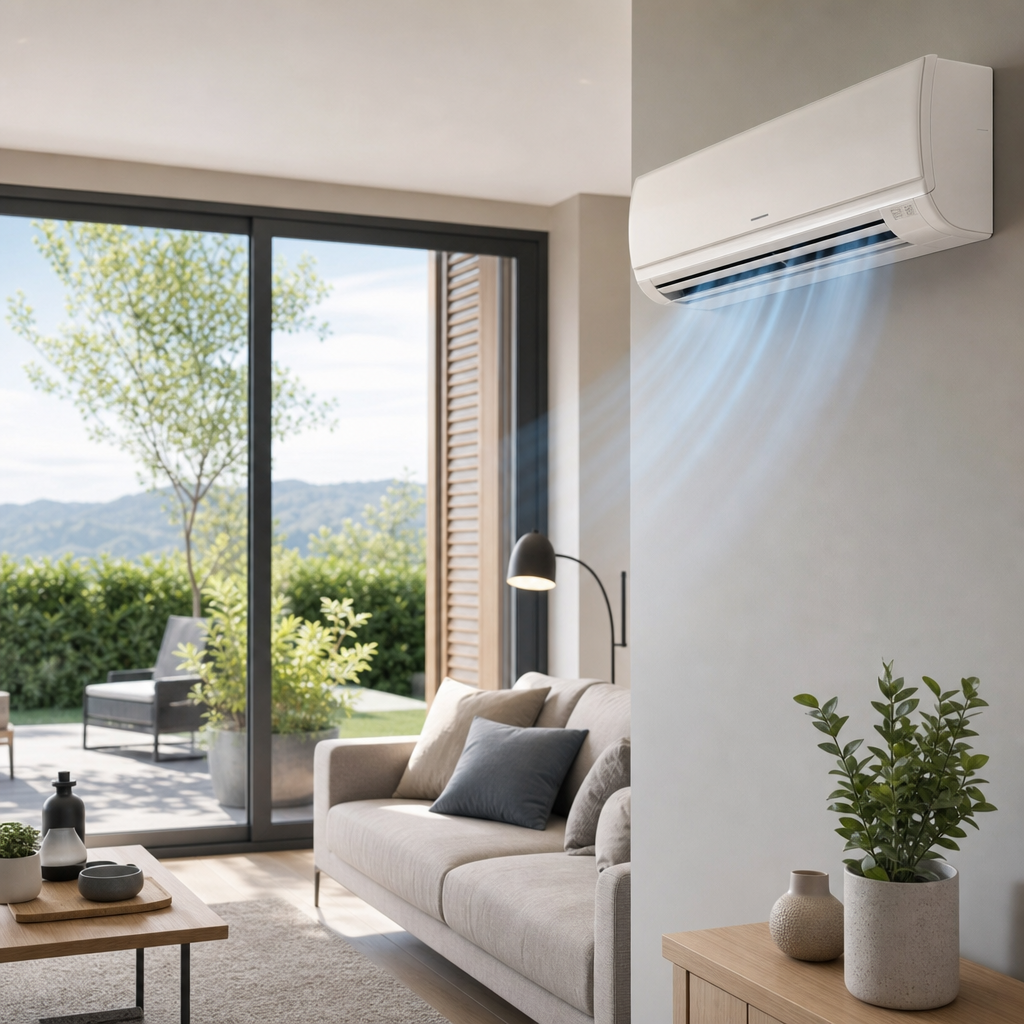 A modern living room with an air conditioning unit on the wall, a beige sofa, a lamp, and a coffee table with decorative items, featuring large windows that overlook greenery and mountains.