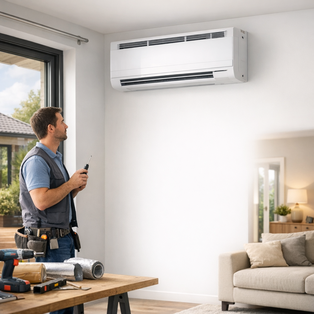 A technician stands in a modern living room, holding a screwdriver and looking up at a wall-mounted air conditioning unit.