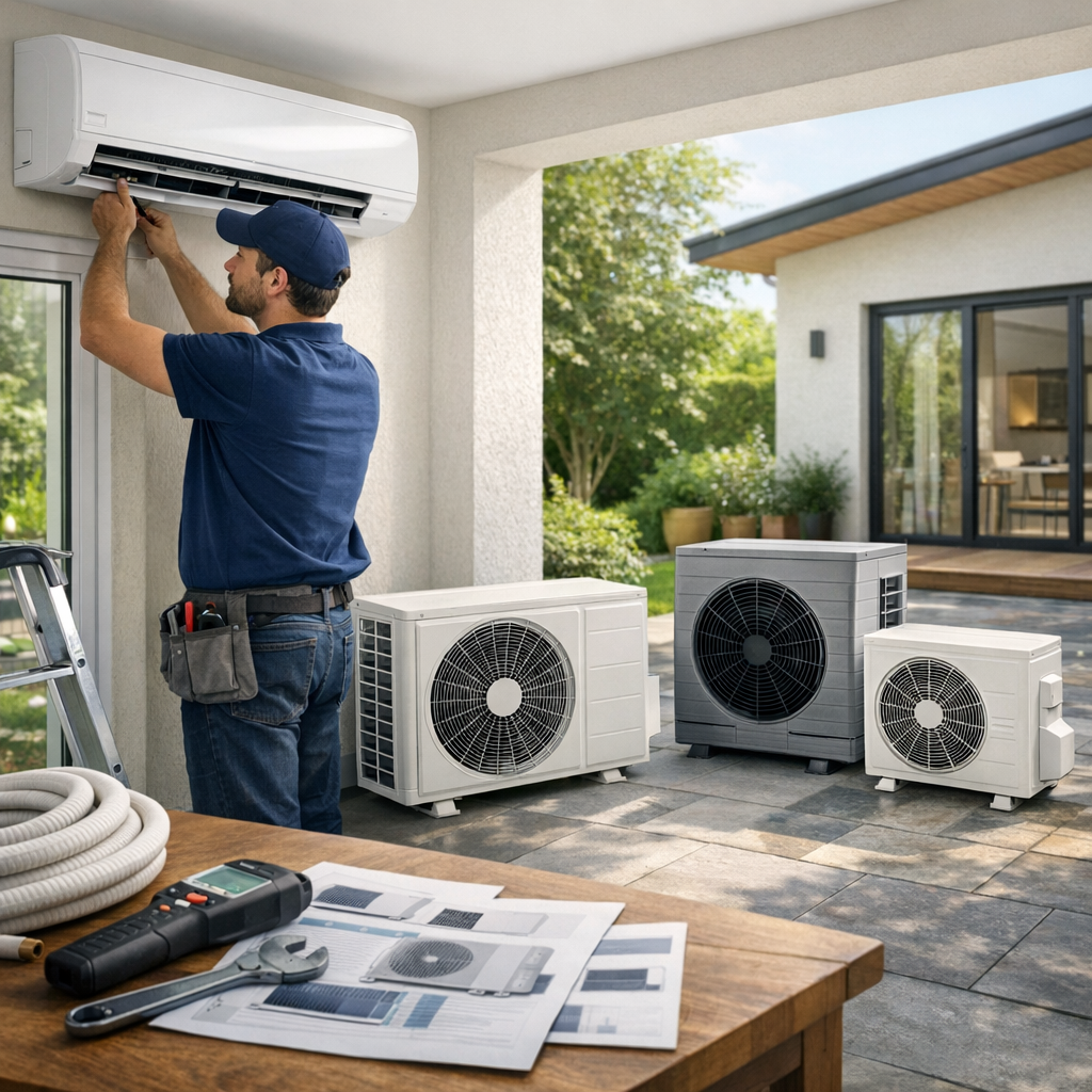 A technician is installing a wall-mounted air conditioning unit while three outdoor units in varying sizes are positioned nearby on a patio.