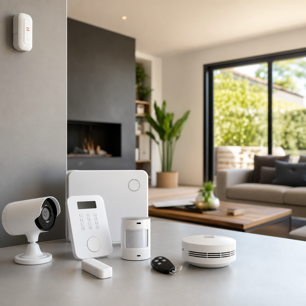 A collection of modern home security devices, including a camera, control panel, motion sensor, key fob, and smoke detector, arranged on a countertop in a stylish living room.