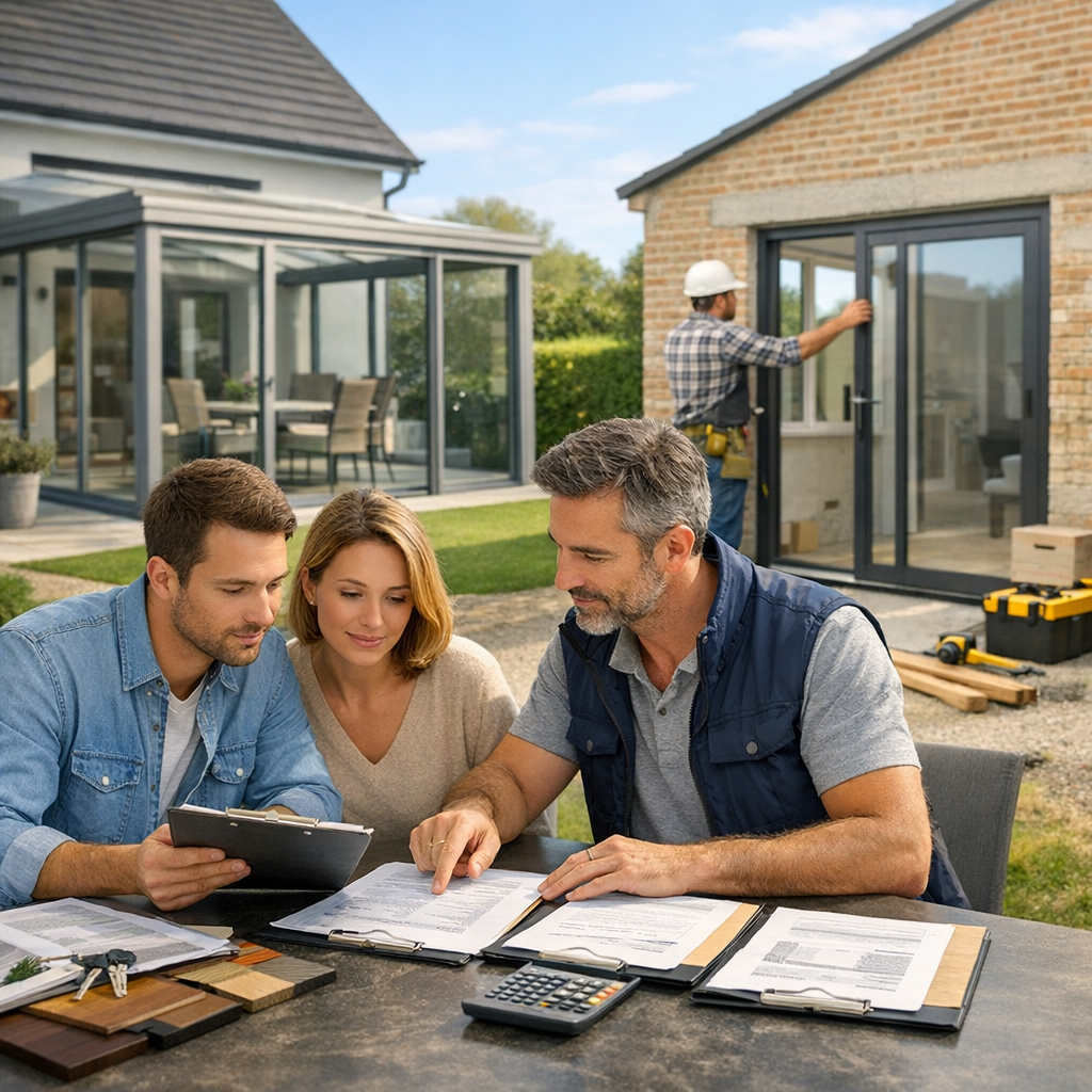 Two men and a woman are reviewing documents at a table outdoors while a construction worker is installing a door in the background.