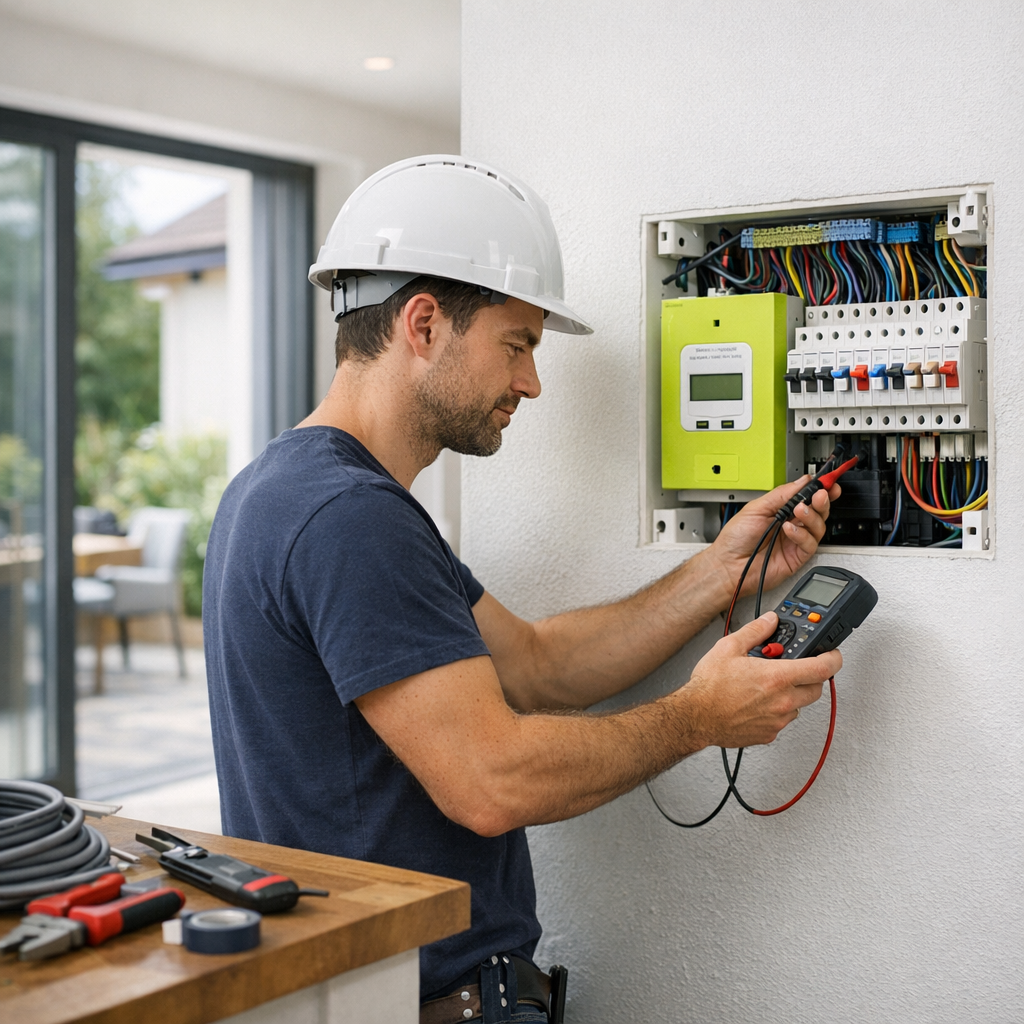 An electrician in a hard hat uses a multimeter to check electrical connections in a wall-mounted circuit box.