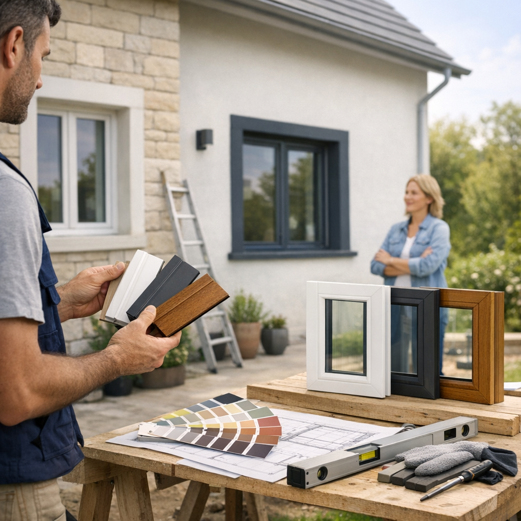 A person examines different window frame samples while another person observes, with tools and color palettes displayed on a workbench outside a home.