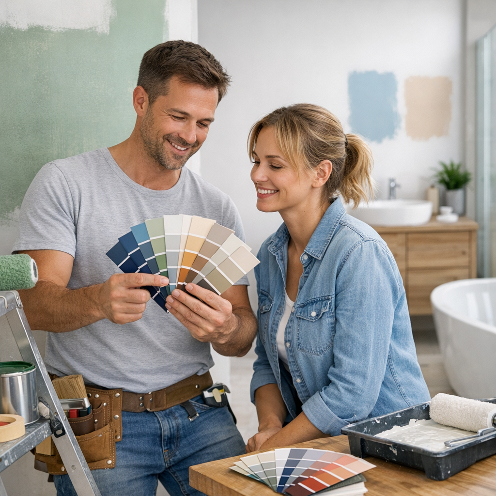 A man and woman are selecting paint color swatches while standing in a partially renovated bathroom.