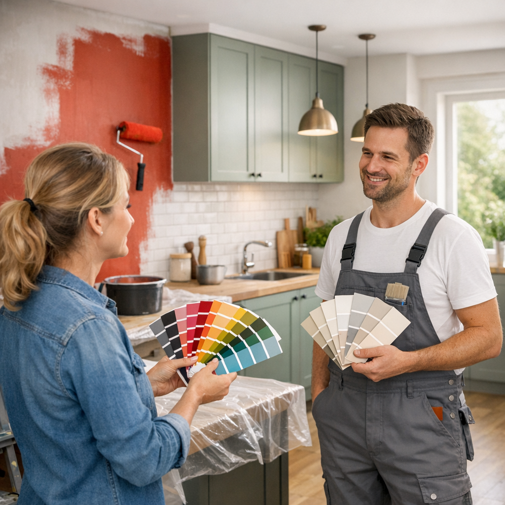 A woman and a man discuss paint color samples in a kitchen with partially painted walls.