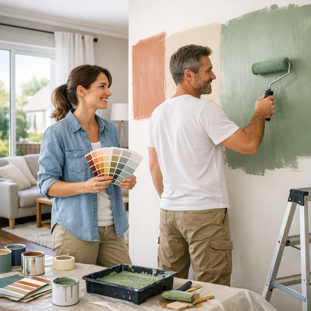 A woman holds paint color swatches while a man rolls green paint on a wall, with paint supplies and a ladder nearby in a bright living space.