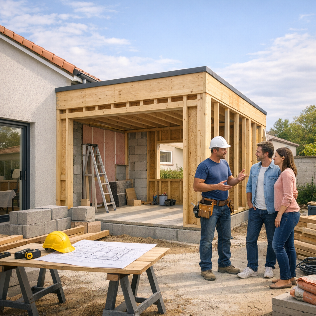 A contractor discusses construction plans with a couple in front of a partially built wooden extension next to their house.
