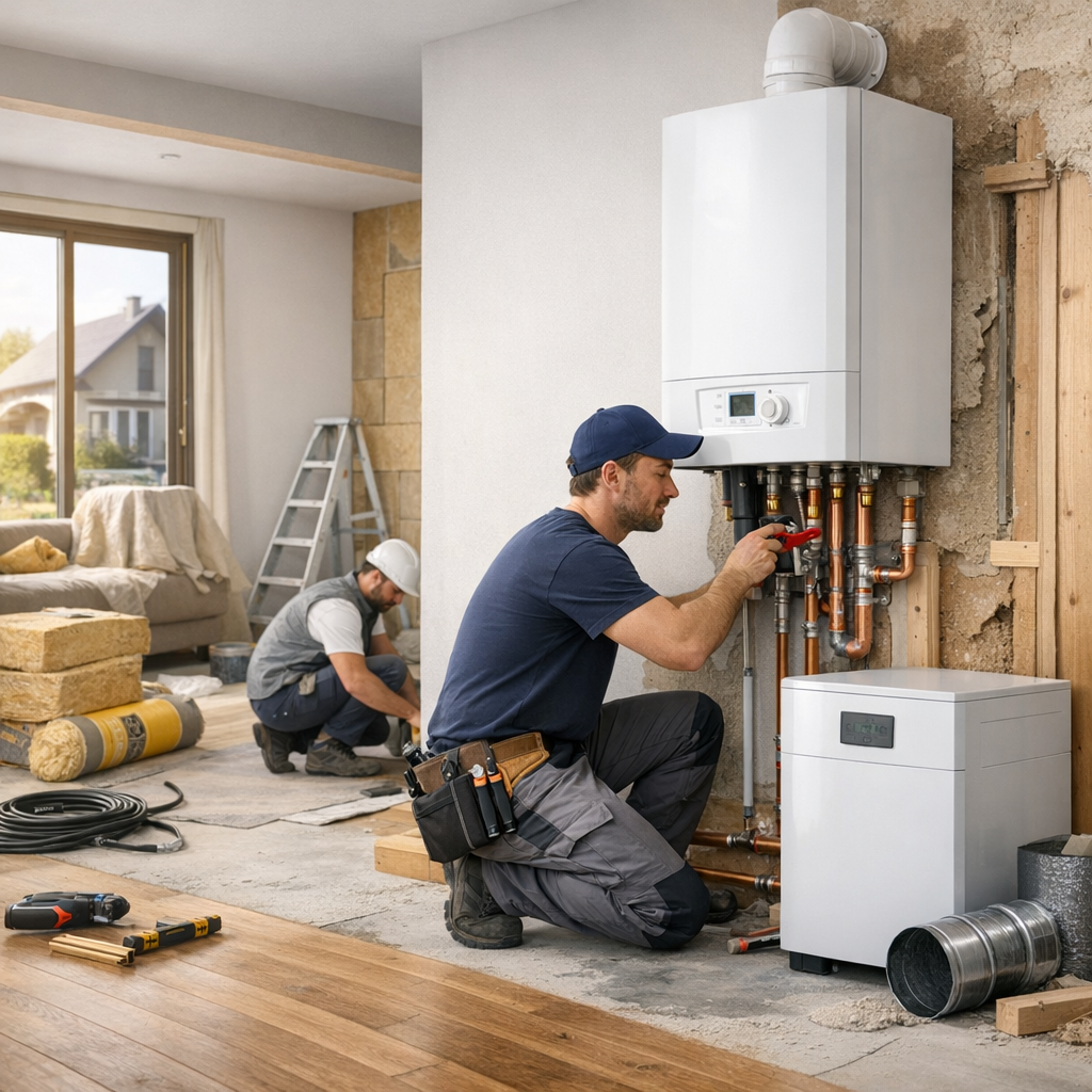 A plumber works on a wall-mounted heating unit while another worker installs flooring in a partially renovated room.