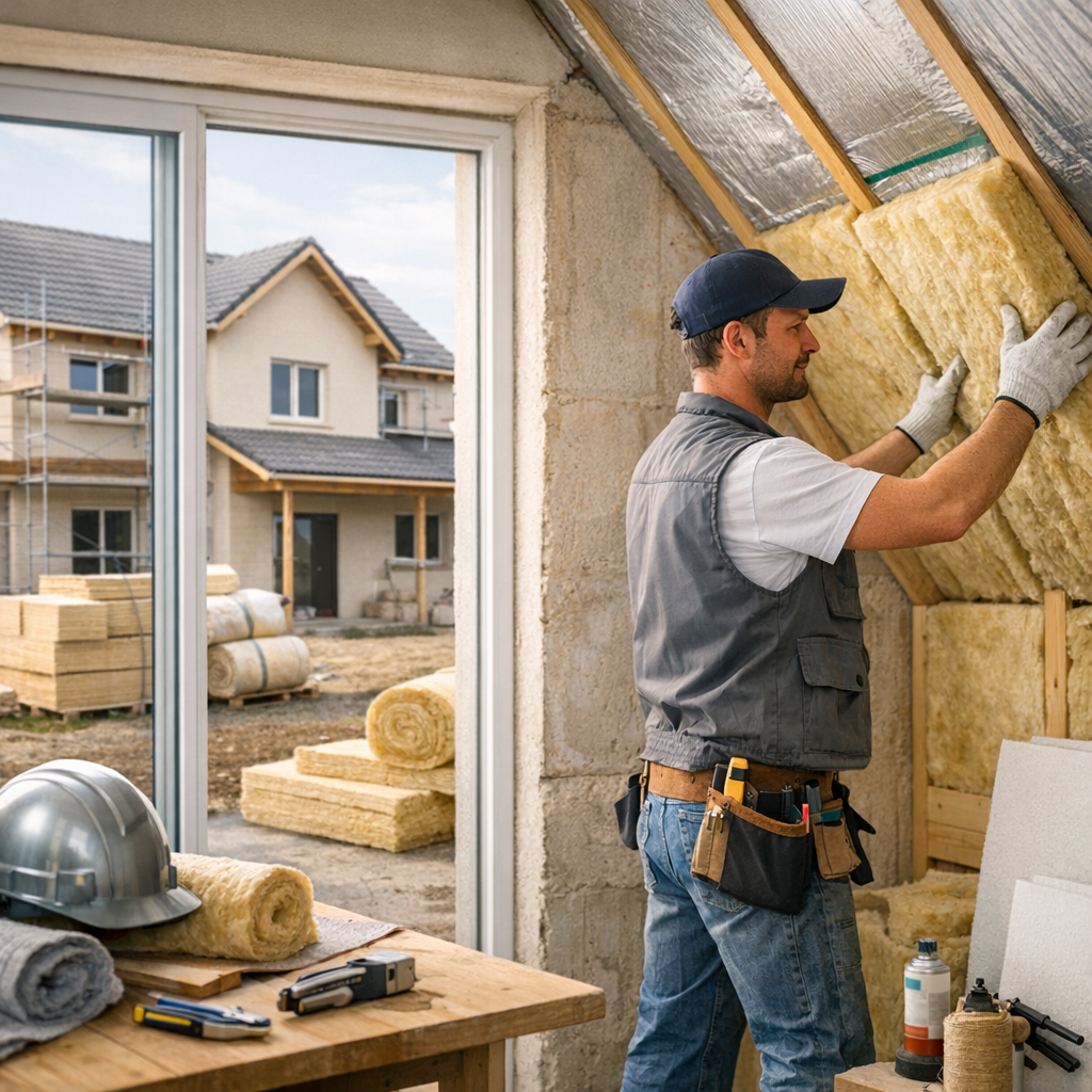 A construction worker installs insulation in a house under construction, with rolls of insulation and tools nearby.