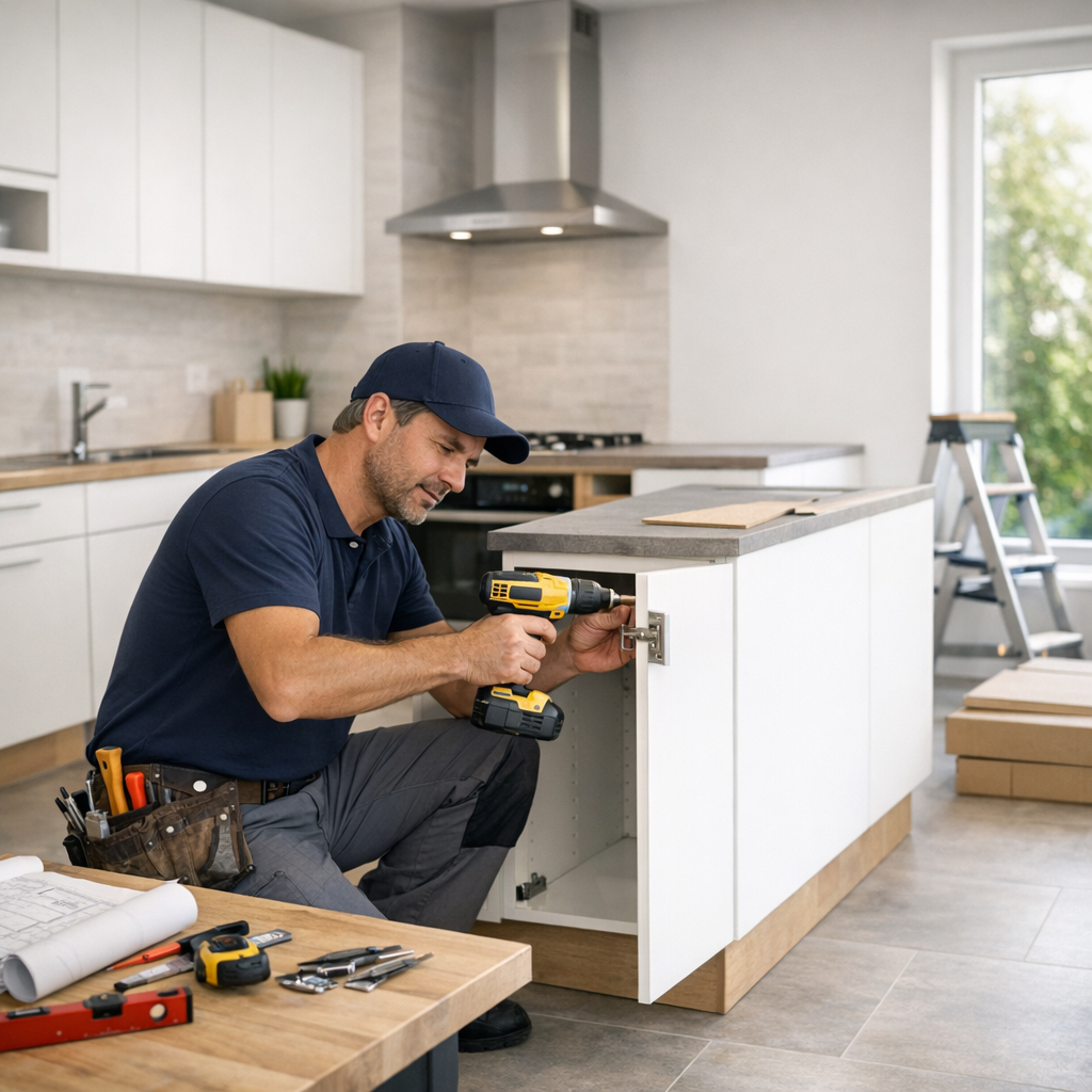 A man crouches beside a kitchen cabinet, using a power drill to install a hinge.