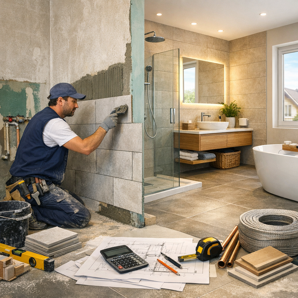 A man in a blue vest is tiling a wall in a modern bathroom with a glass shower, a wooden vanity, and various tools and materials scattered on the floor.