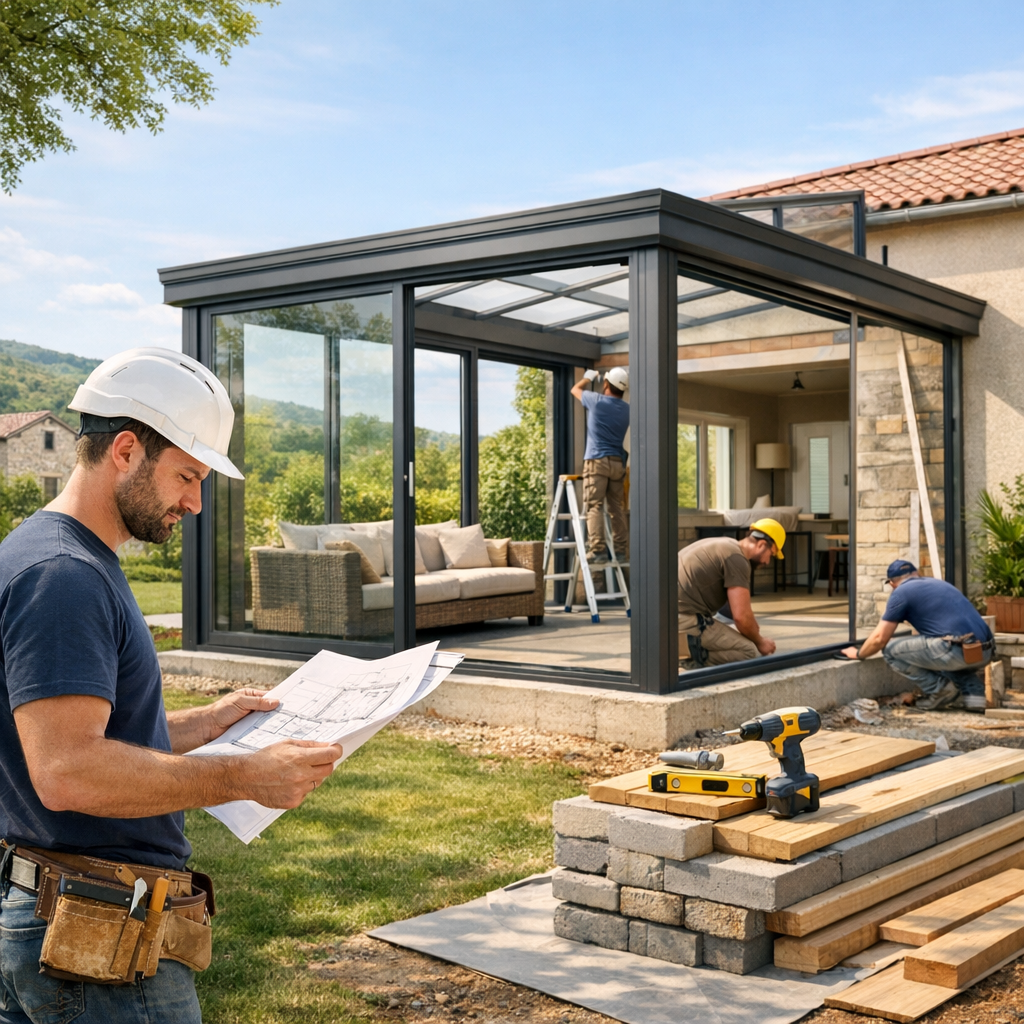 A construction worker reviews blueprints while three colleagues install a glass enclosure on a house with landscaping in the background.