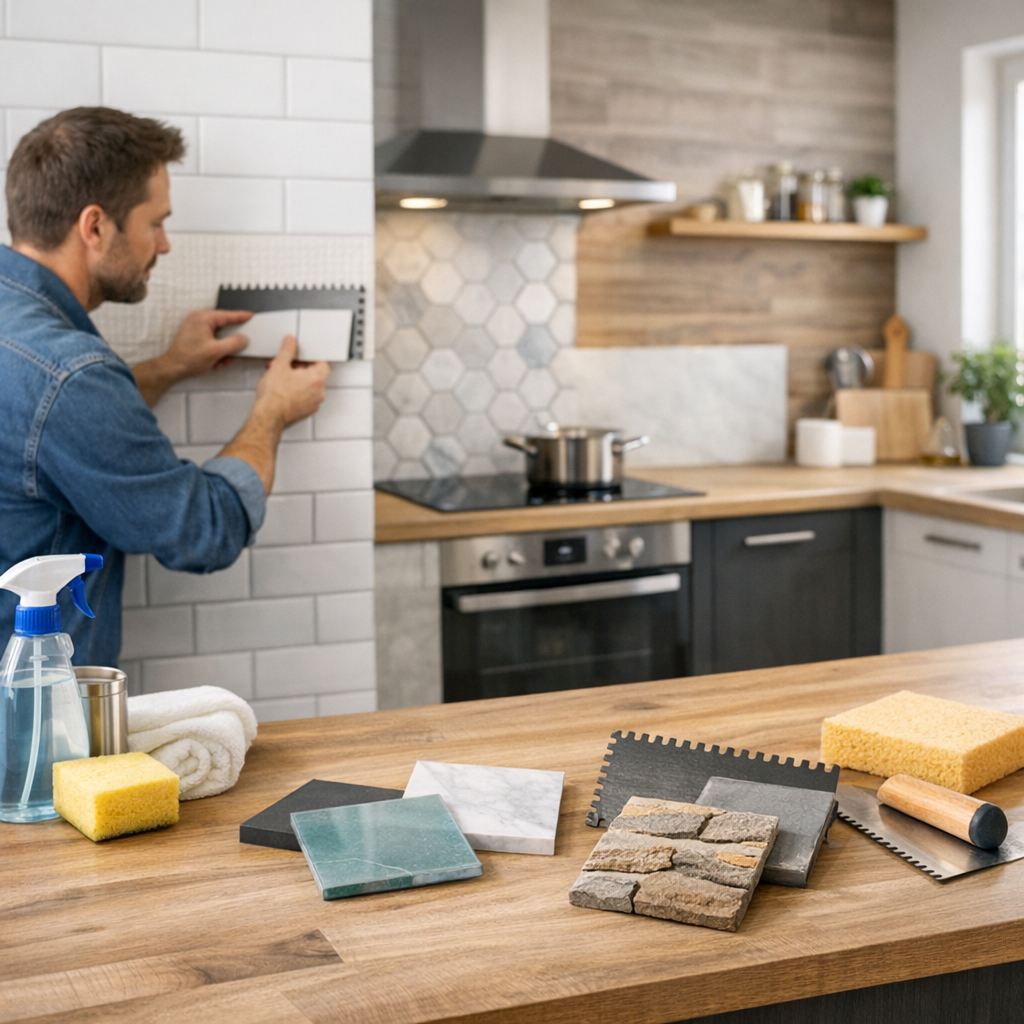 A man applies tile to a kitchen wall, with various tiles and cleaning supplies on the countertop.