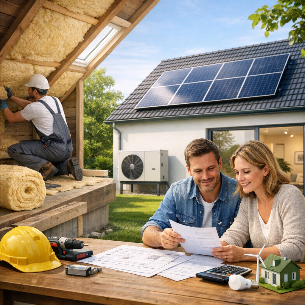 A woman and a man sit at a table with blueprints and a calculator, smiling while reviewing documents, while a construction worker installs insulation in a roof nearby and a house features solar panels and an air conditioning unit.