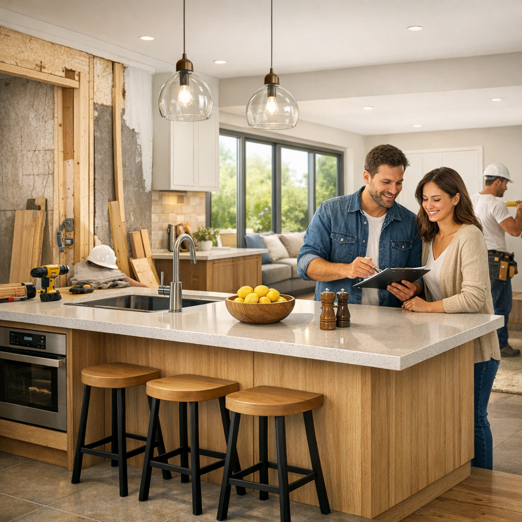 A couple discusses plans at a kitchen island with a bowl of lemons while a contractor works in the background.
