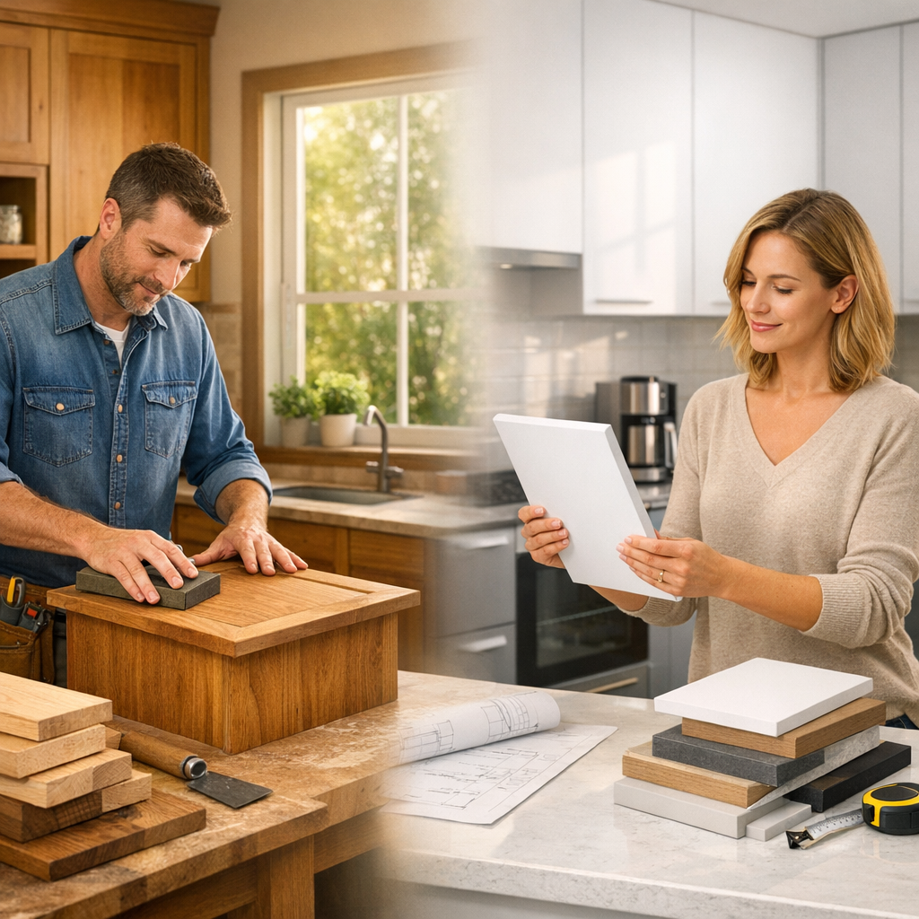 A man sands a wooden box on the left, while a woman holds a tablet and smiles at design samples on the right, both in a modern kitchen.
