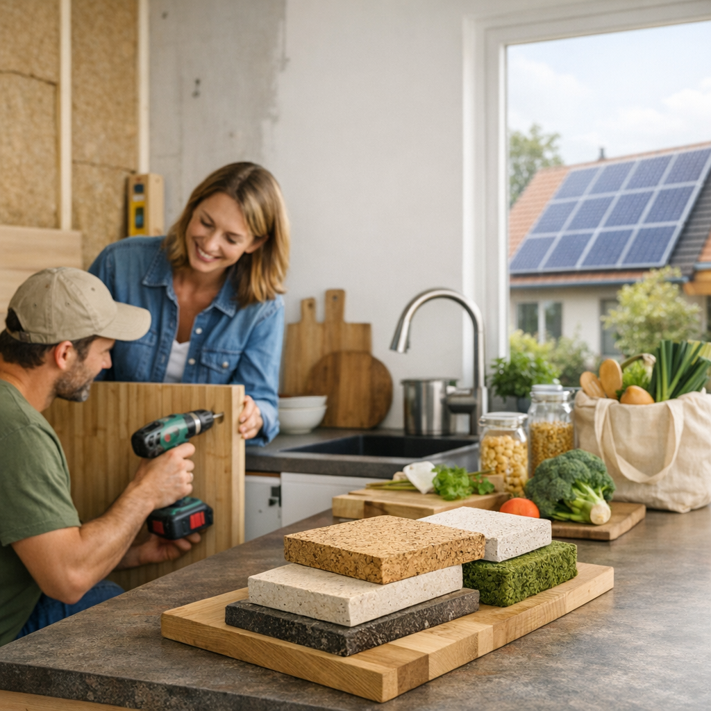 A man uses a drill to assemble a wooden cabinet while a woman watches and smiles in a modern kitchen with fresh vegetables and solar panels visible outside.