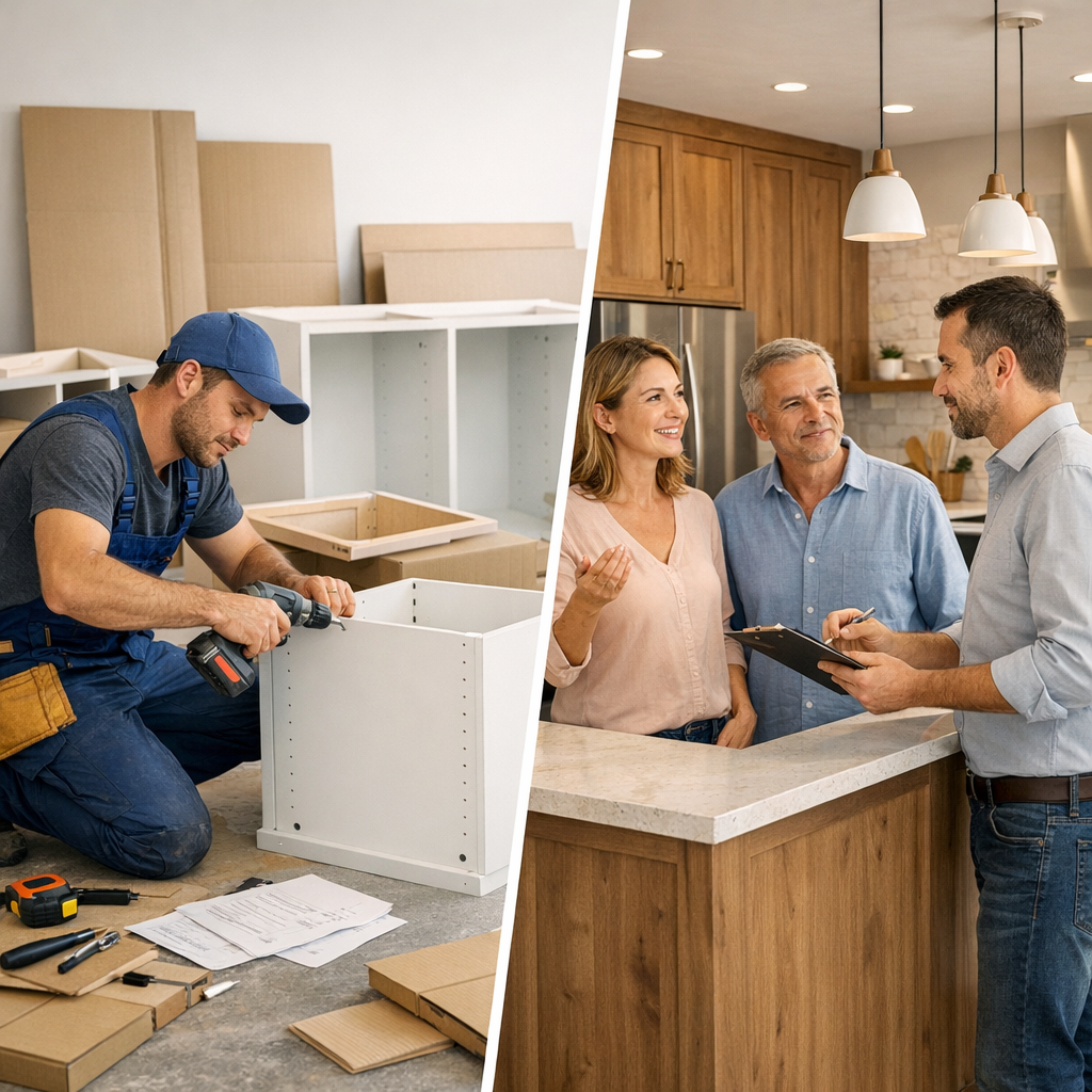A man assembles furniture while a couple discusses plans with a contractor in a home setting.