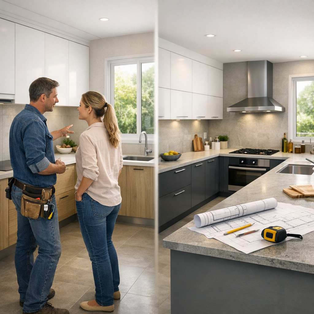 A contractor and a woman discuss kitchen renovations in a modern kitchen with light cabinets and a dark countertop.